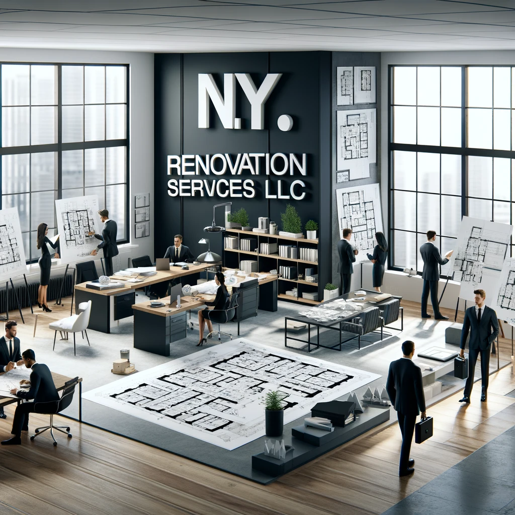 Modern and bustling office of N.Y. Renovation Services LLC, with employees collaborating over renovation plans and models, highlighting their professional renovation expertise.