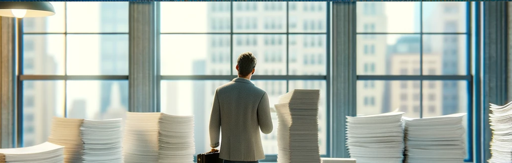 Scene depicting a person submitting a building permit application in a New York City borough office, complete with necessary documents.