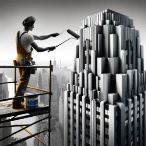 A worker paints the exterior of a skyscraper, high above the cityscape.