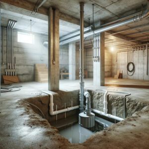 Unfinished basement with sump pump installation.