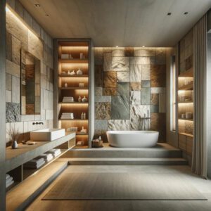 Bathroom with natural stone walls and minimalist bathtub.