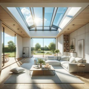 Spacious living room with skylights and a view of nature.