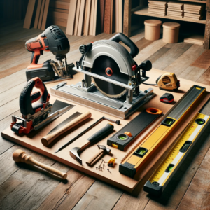 Carpentry tools for hardwood flooring arranged in a professional workspace.