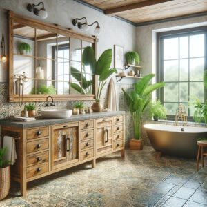 Bathroom with wooden vanity and patterned tile floor.