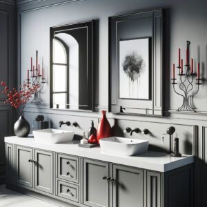 Chic bathroom vanity with dual sinks and artistic accents.