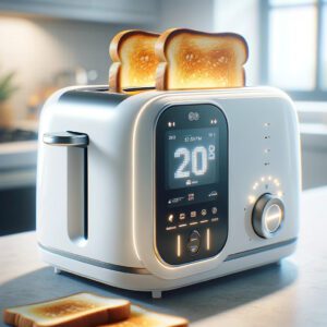 Modern white toaster with digital touch screen and toast.