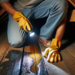 Hands with gloves inspecting attic water damage.