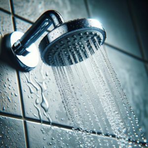 Close-up of a modern shower head with flowing water.