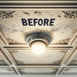 Old ceiling fixture marked 'Before' indicating upcoming renovation.