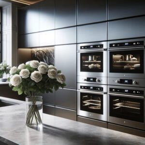 Modern kitchen counter with white roses and stainless steel ovens.