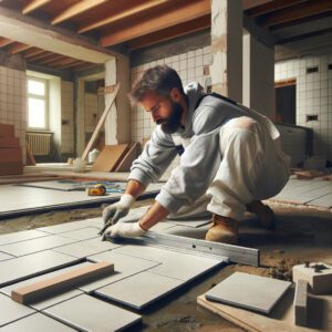 Professional laying ceramic floor tiles during home renovation.