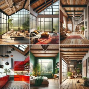 Collage of six diverse interior designs and architectural styles.