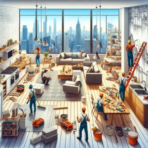 Interior view of a New York City apartment during renovation, showing workers engaged in painting, flooring, and kitchen remodeling, with a backdrop of the NYC skyline through large windows.