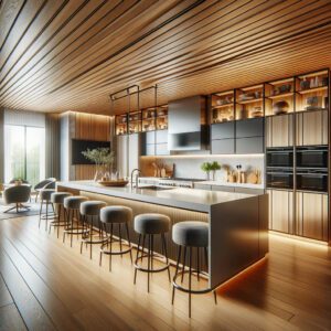 Contemporary kitchen with central island and wood paneling.