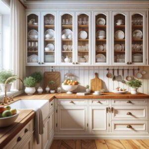 Cozy kitchen corner with white cabinetry and butcher block countertops.