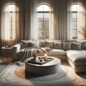 Bright living room with white sectional sofa and round coffee table.