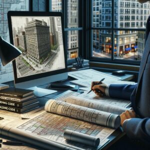 An architect's workspace in NYC, filled with building code references, architectural drawings, and zoning maps.