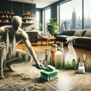 A person using natural grout cleaning solutions in a New York City apartment, applying homemade cleaner to the grout.