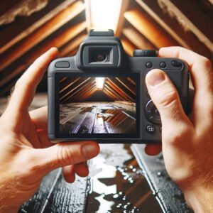 Documenting attic water damage with a camera.