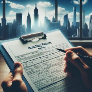 Detailed building permit application form with New York City skyline.