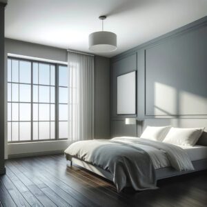 Modern bedroom with gray walls and natural light.