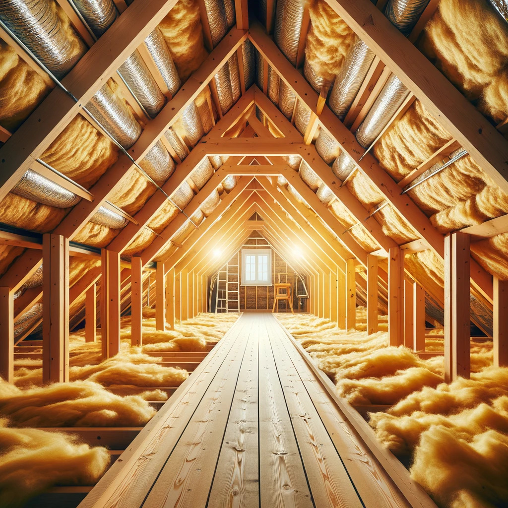 Restored attic with new insulation and beams.