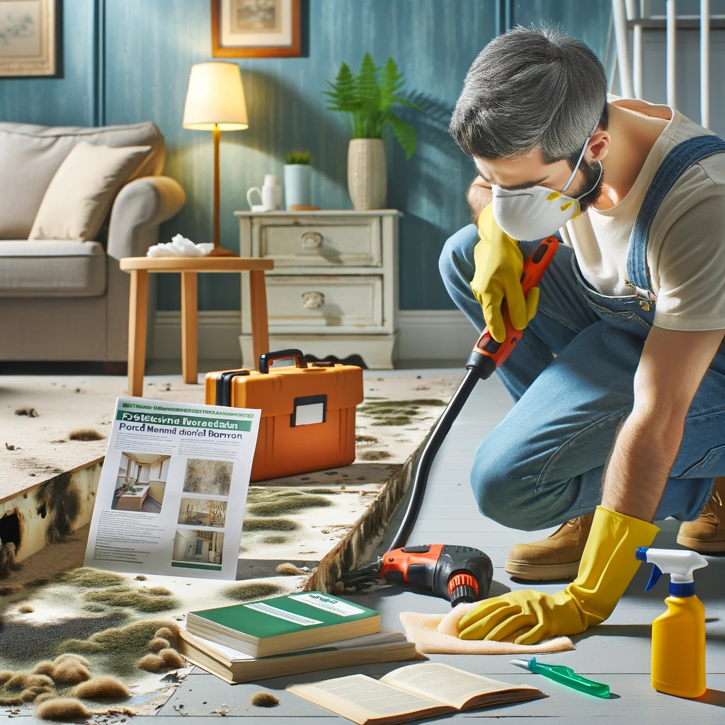 Image of a homeowner in a room tackling mold growth, equipped with DIY cleaning tools, near a table with mold removal guides and resources.