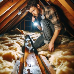 Homeowner inspecting attic for water damage.