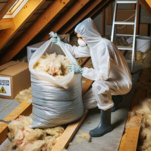 Homeowner bagging wet attic insulation for disposal.