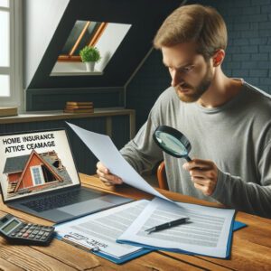 Homeowner reviewing home insurance policy for attic damage.