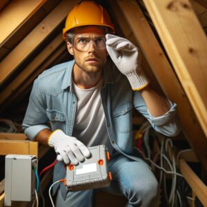 Homeowner checking attic safety wearing protective gear.