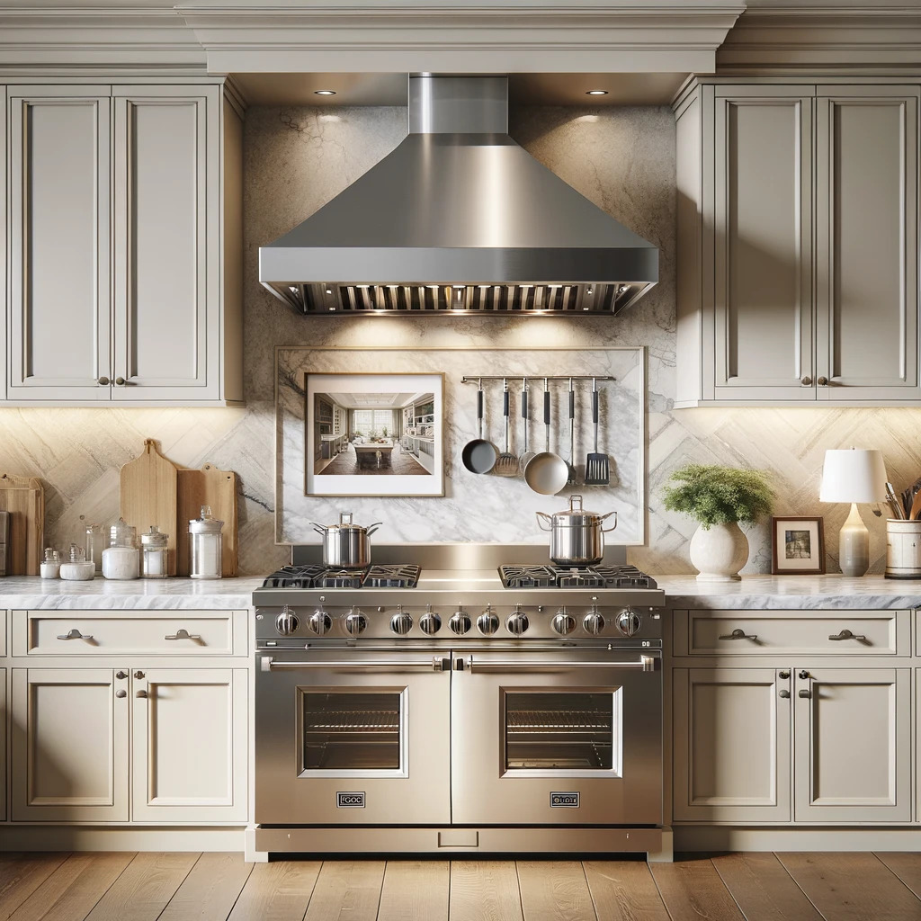 Kitchen stove area with stainless steel gas range and marble backsplash.