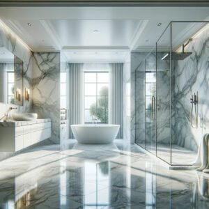 Luxurious bathroom with marble tiles and freestanding tub.