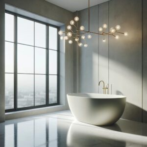 Minimalist bathroom with a freestanding bathtub and modern chandelier.