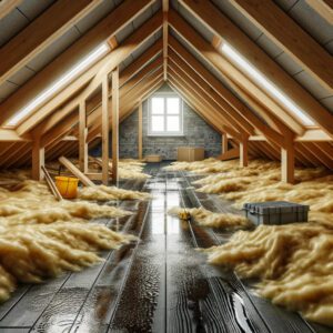 Attic with water damage post-heavy rainfall.