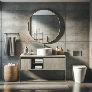 Modern bathroom with textured gray tiles and sleek vanity.