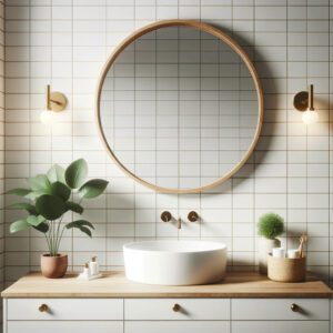 Modern bathroom with white subway tiles and wooden accents.