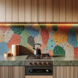 Modern kitchen with colorful terrazzo backsplash and wooden cabinets.