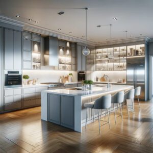 Modern kitchen with gray cabinets and white quartz countertops.