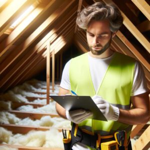 Professional inspector evaluating attic damage.