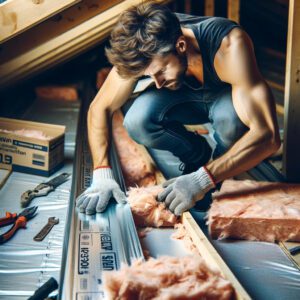 Roofer repairing an attic beam and installing insulation.