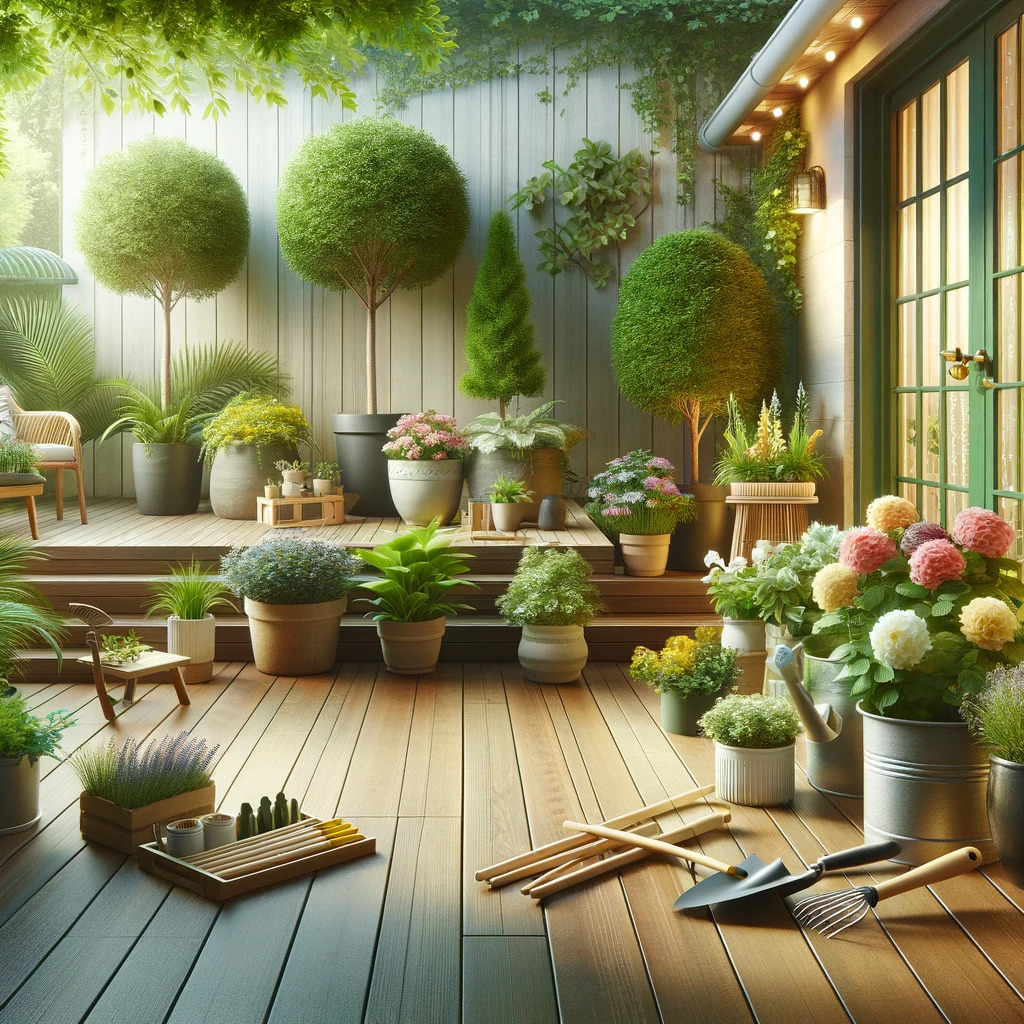 Home garden renovation with wooden deck and various potted plants.