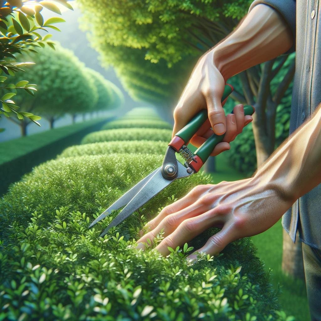 Close-up of hands expertly trimming a lush garden hedge with shears