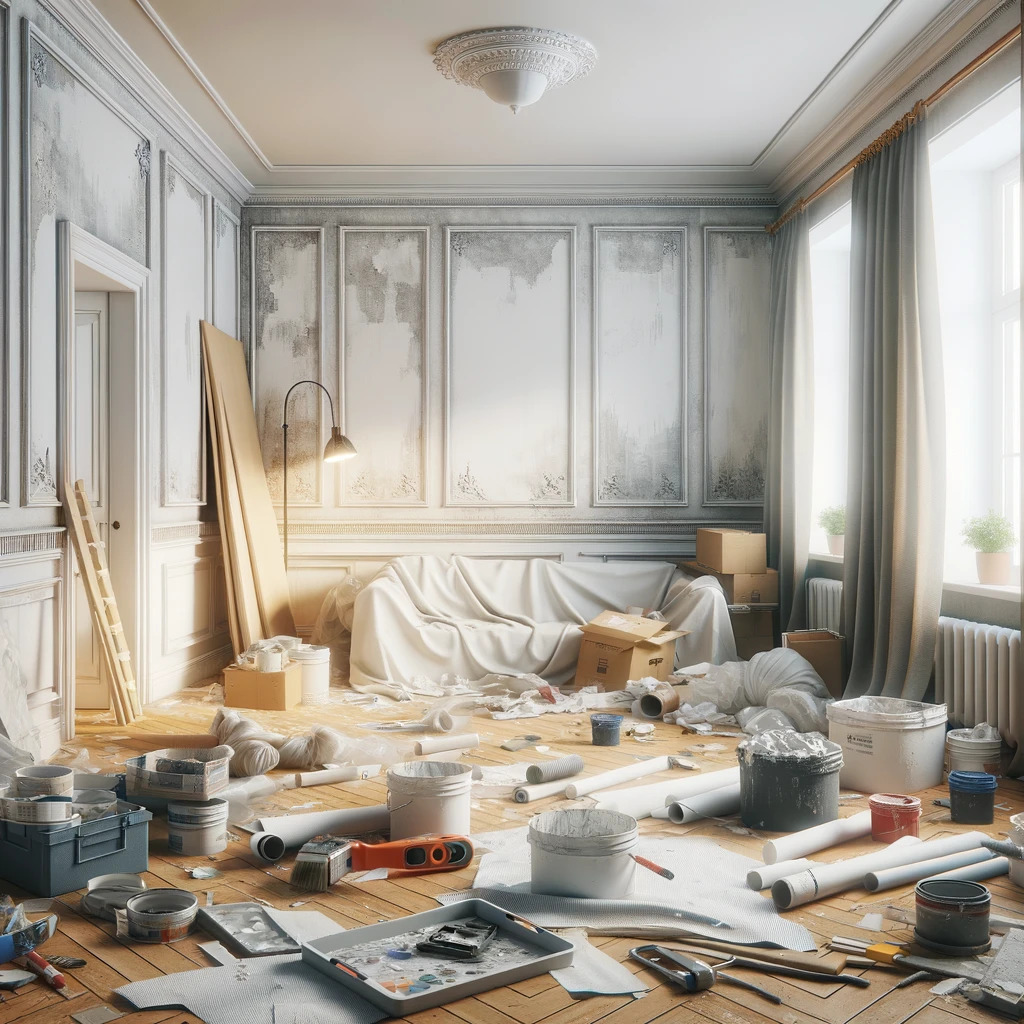 Room in the midst of a renovation with materials and paint supplies scattered.