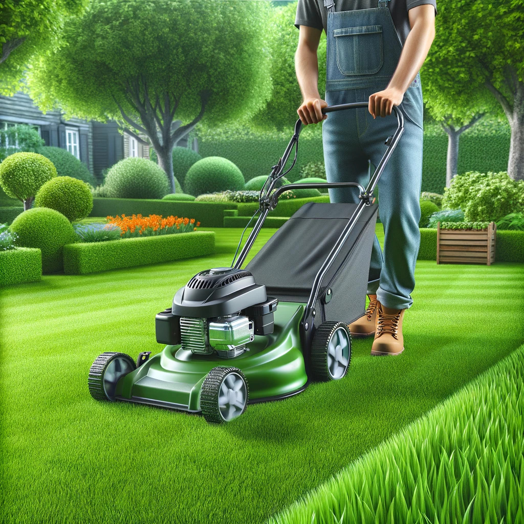 Professional lawncare with a lawn mower on a lush green lawn.