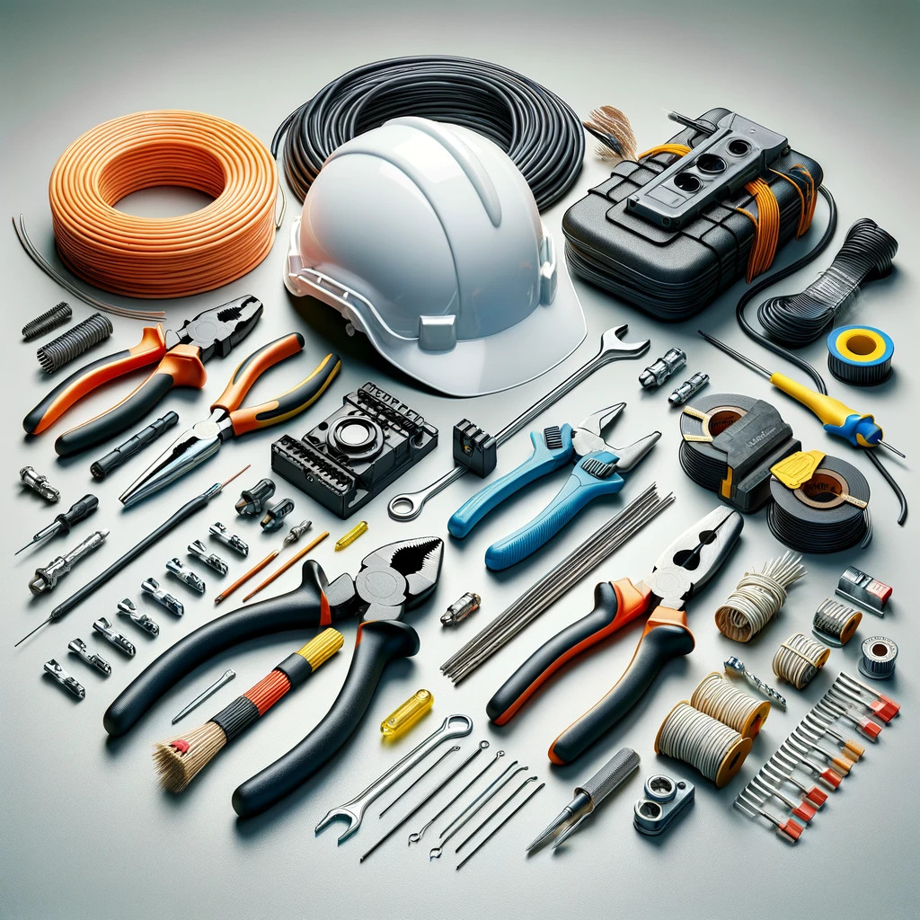 Assorted electrical tools and a safety helmet prepared for an installation service.