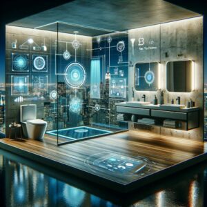 A modern bathroom with smart technology features like digital shower controls and smart mirrors in a NYC home.