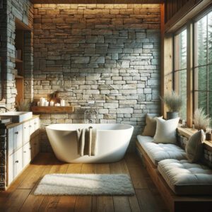 Rustic bathroom with stone wall and freestanding bathtub.