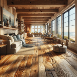 Rustic hardwood floor in a cozy, beach-inspired Long Island home.