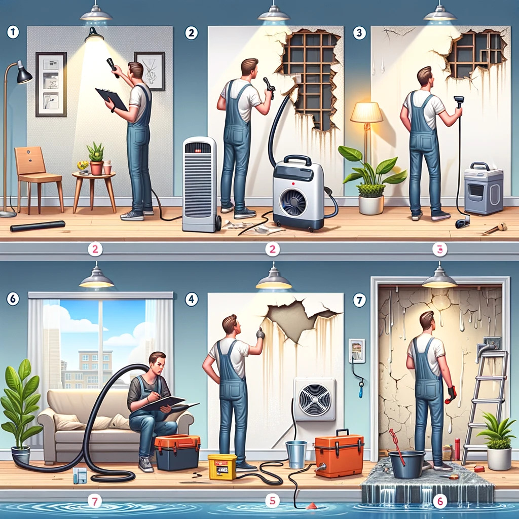 An illustration of a seven-step process for repairing water damage in a home, showing a homeowner performing various tasks from inspecting moisture to installing gutters.